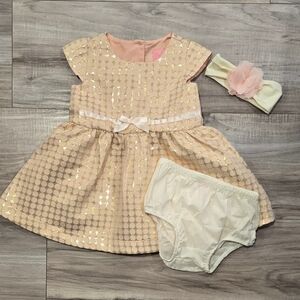 Pink & Gold Baby Dress with Headband and Bloomers